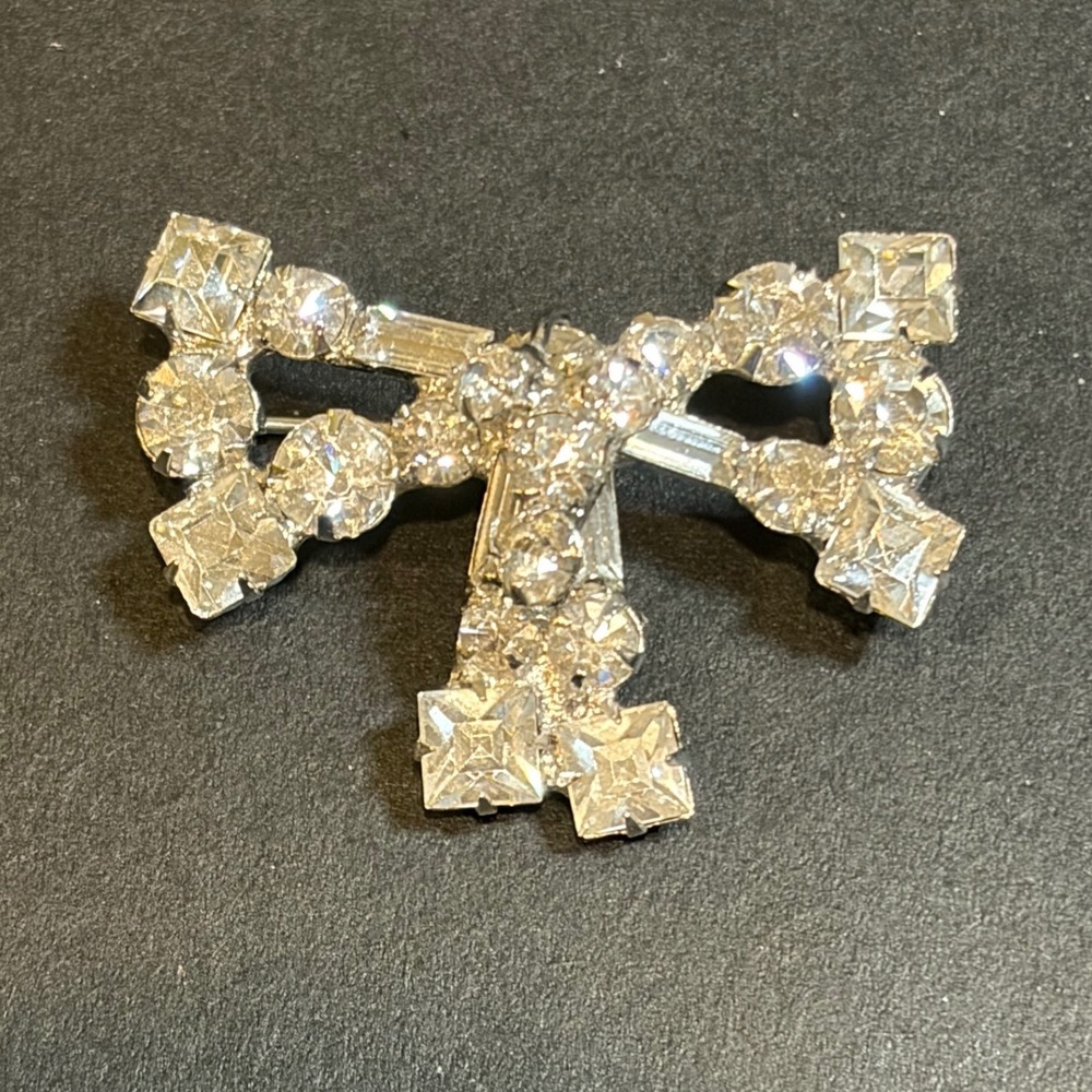 Vintage Silver Tone Clear Rhinestone Bow Brooch Pin Baguette Round Square Cut